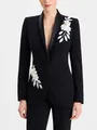 Elegant black women's suit set featuring 3D white floral appliques and slim fit - S / Top And Bottom / Black Zirconia Set