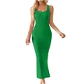Elegant vibrant green sleeveless ribbed knit midi dress featuring a classic square neckline - S / Dresses / Dark Green