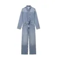 Detail view of light blue long sleeve denim jumpsuit with lapel and front pockets - S / Jumpsuits / Light Blue