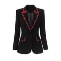 Close-up of black tailored blazer featuring luxury red crystal embellishments on lapels - S / Tops / Black