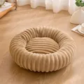 Soft brown round plush pet bed with ribbed texture for small dogs and cats - 40CM / Khaki