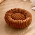 Round warm caramel brown pet bed featuring a striped plush texture for cozy cat and dog sleeping - 40CM / Brown