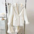 Minimalist snow white women's single-button suit set with elegant feather cuff trim - S / Top And Bottom / Snow White