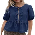 Camicia in denim blu con fiocchi anteriori e maniche a sbuffo, top casual primaverile. - 3XL / Top / Blu Molto Scuro