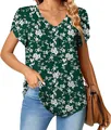Detalle de blusa verde con cuello en V, estampado floral y mangas de pétalo - S / Tops / Verde oscuro con estampado floral blanco