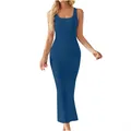 Model wearing a blue ribbed knit tank dress with a bodycon floor-length silhouette. - S / Dresses / Navy Blue