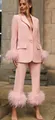 Elegant pink suit set for women featuring ostrich feather trim on cuffs and hems. - S / Top And Bottom / Pink