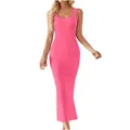 Full-length front view of a vibrant pink rib-knit sleeveless bodycon maxi dress - S / Dresses / Pink