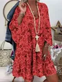 Stylish bohemian coral red printed dress featuring 3/4 ruffle sleeves and a loose fit cut - S / Dresses / Red
