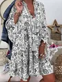 Detailed view of bohemian style printed 3/4 sleeve loose dress with tiered ruffle hem - S / Dresses / Light Gray