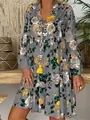 Bohemian grey floral print loose dress with 3/4 sleeves and ruffled hem detail - S / Dresses / Dark Gray