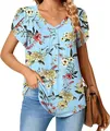 Elegante top azul claro con estampado floral, cuello en V y mangas de pétalo - S / Tops / Azul Claro Amarillo Blanco Rojo Floral