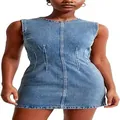 Sleeveless round neck denim mini dress with corset stitching details in light blue wash - S / Dresses / Blue