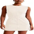 Elegant sleeveless off-white denim bodycon dress with round neck and high waist - S / Dresses / White