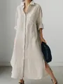Vista completa de un vestido camisero largo de algodón y lino beige con aberturas - S / Beige