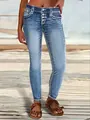 Stylish women's skinny blue denim jeans with contrast stitching and multi-button fly. - S / Bottoms / Light Blue
