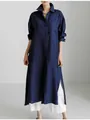 Elegante vestido camisero largo de algodón y lino azul marino con aberturas y corte holgado - S / Azul Marino
