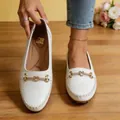 Elegant white women loafers with rhinestone heart horsebit detail and non-slip sole. - 36 / White