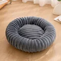 Soft round plush grey pet bed with ribbed texture for cozy small dogs and cat pets - Dark Gray