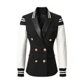 Chaqueta blazer elegante entallada en blanco y negro con doble botonadura estilo varsity - S / Tops / Patchwork Blanco y Negro