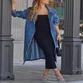Chic long denim trench coat for women in classic blue wash, casual style SKU display - S / Tops / Blue