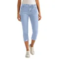 Μπροστινή όψη γυναικείου ελαστικού skinny cropped τζιν σε γαλάζιο χρώμα με κρόσσια - S / Bottoms / Ανοιχτό μπλε