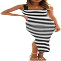 Sleeveless black and white horizontal striped bodycon midi dress featuring a sexy side slit - S / Dresses / Black