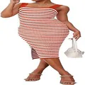 Elegant red and white horizontal striped sleeveless bodycon midi dress with side slit detail - S / Dresses / Orange Red