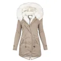 Khaki Damen Winterparka mit großer weißer Kunstfellkapuze und warmem Fleece-Innenfutter - S / Oberteile / Khaki