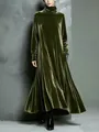 Elegant olive green velvet maxi dress with a turtleneck design and a flared hem detail - S / Dress (HPY) / Olive Green