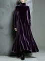 Elegant purple velvet maxi dress with a high stack neck and flowing wide hem detail - S / Dress (HPY) / Deep purple