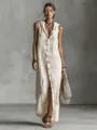 Full-length view of a sleeveless hooded button-down cream linen maxi dress for women. - XS / Dresses / Off White