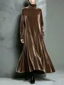 Elegant chocolate velvet turtleneck maxi dress with long sleeves and flowing skirt detail - Coffee