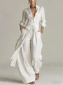 Conjunto elegante de camisa de lino blanco y pantalón ancho de talle alto con gran lazo - S / Top y Pantalones / Blanco
