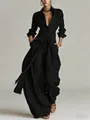 Elegante camisa negra de manga larga con solapa y conjunto de pantalones de cintura alta - S / Top y Pantalones / Negro