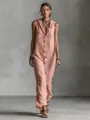 Professional full-length studio view of a pink sleeveless hooded maxi dress with buttons - XS / Dresses / Dusty Pink