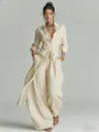 Conjunto de lino beige con camisa de solapa y pantalón de pernera ancha con cinturón - S / Top y Pantalones / Albaricoque