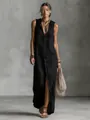 Detail view of a black sleeveless hooded maxi dress with front button closure. - Black
