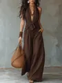 Combinaison marron sans manches avec col licou, taille nouée et jambes larges pour femme - S / Ensemble / Café