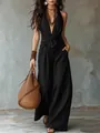 Vue détaillée de la combinaison noire dos nu avec taille nouée pour femmes - S / Ensemble / Noir