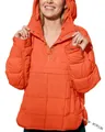 Close-up detail of women's orange quilted pullover hoodie with snap button collar - S / Tops / Orange
