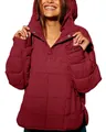 Detailed view of women's burgundy hooded puffer pullover jacket with button collar - S / Tops / Red