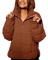 Detail of brown quilted puffer hoodie showing drawstring-free collar and hood design. - S / Tops / Brown