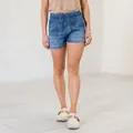 Front view of women's blue denim shorts featuring an elastic drawstring waist and large pockets. - S / Bottoms / Blue