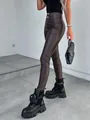 Detail view of high-waisted elastic brown PU leather skinny leggings for women's fashion - S / Bottoms / Dark Brown