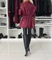 Back view of burgundy faux leather trench coat for women with gathered waist - S / Tops / Burgundy