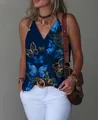 Navy blue V-neck butterfly print sleeveless tank top for women, casual summer style. - Navy Floral