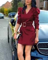 Elegant burgundy PU leather V-neck puff sleeve slim fit mini dress with matching belt - S / Dresses / Burgundy