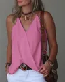 Detail of the draped front and V-neck of a pink sleeveless summer vest for women - Pink