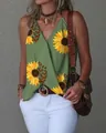 Detail shot of women's olive green V-neck tank top with sunflower and butterfly print - Green Paisley Sunflower